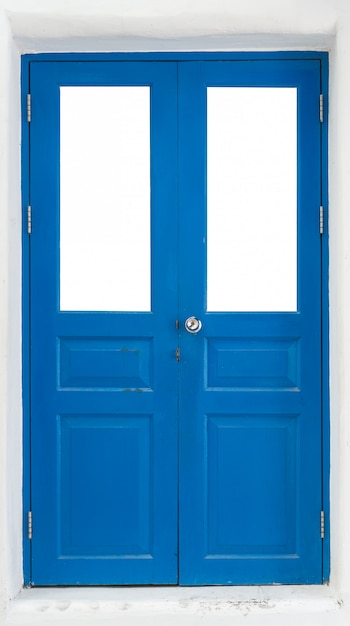 Blue door on white wall