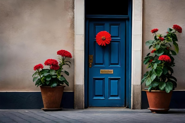 a blue door with a blue door and flowers on it