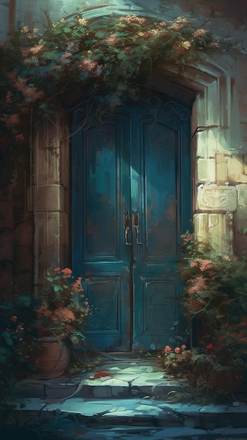 A blue door with a blue door in the middle of it.