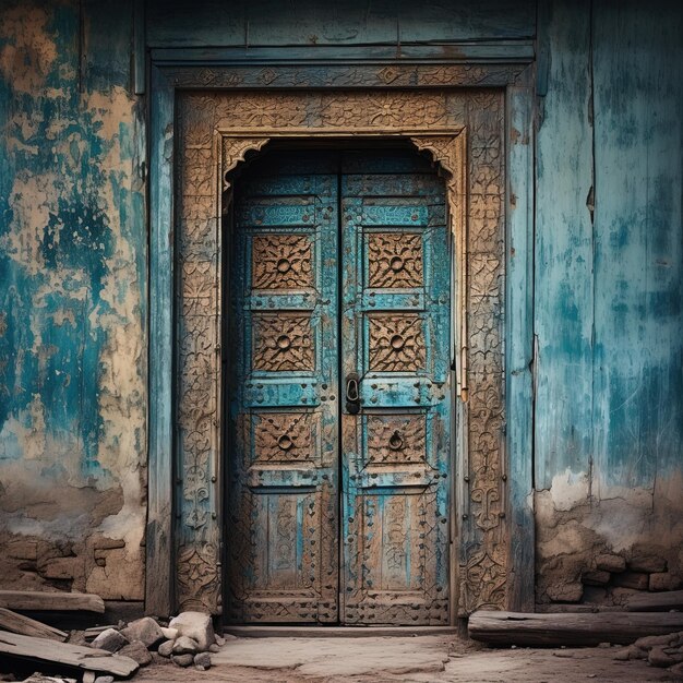 Photo a blue door with a blue door that says  the word  on it