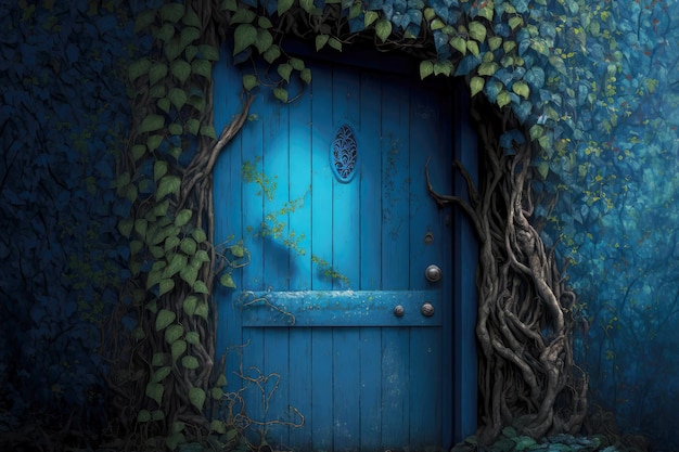 Фото Голубая дверь с дверным проемом, заросшим ветвями и листьями