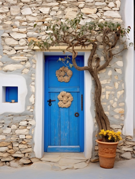 Foto una porta blu con un fiore e un cestino