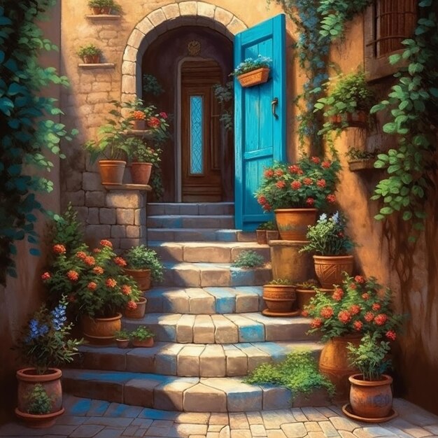 A blue door with flowers on the front.