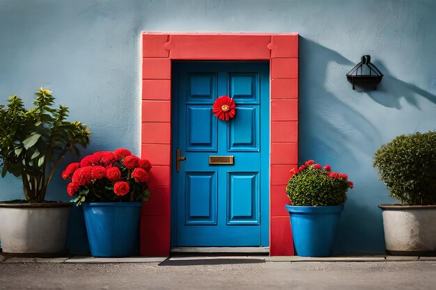 a blue door with flowers and a red door with a blue door and red flowers.