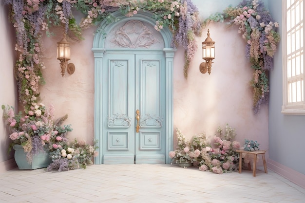 A blue door with a flowery background