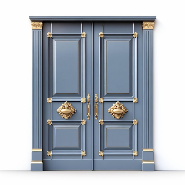 a blue door with gold accents and a gold design on it