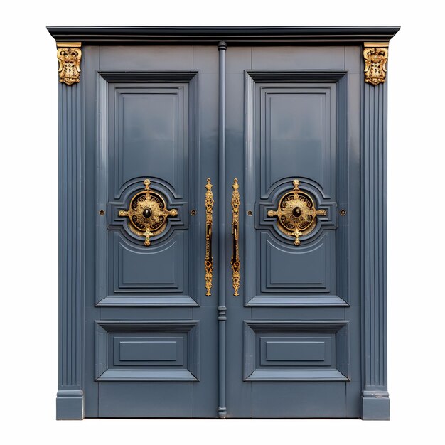 a blue door with gold accents and a gold door