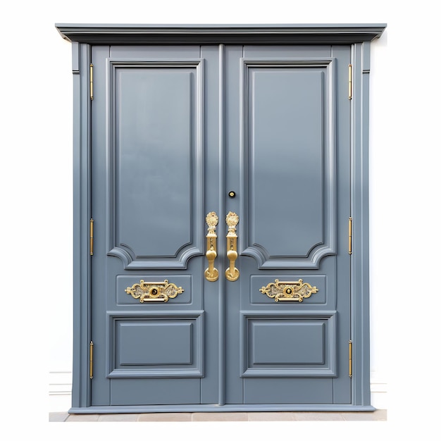 a blue door with gold handles and a gold door