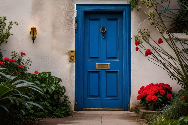 a blue door with a gold letter on it