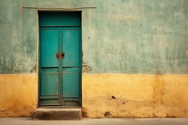 a blue door with a green door that says the word on it