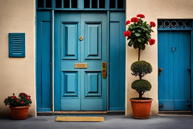 a blue door with a plant on it