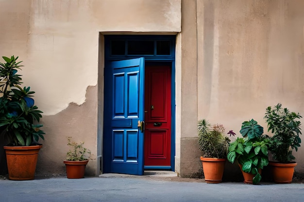 正面に植物が描かれた青いドア。