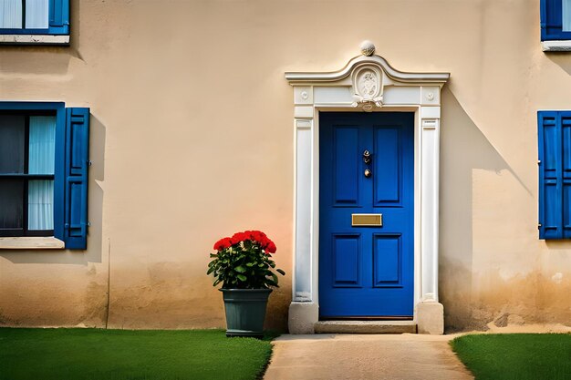 A blue door with a pot of flowers on the front