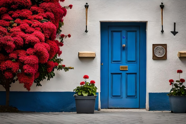 a blue door with a pot of red flowers and a blue door.