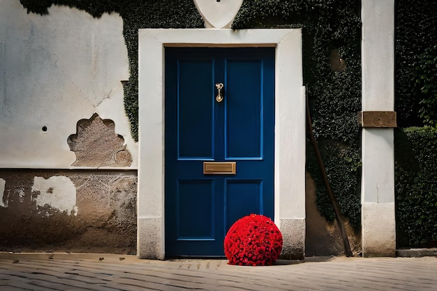 a blue door with a red flower in the center of it