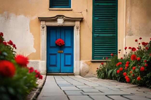 a blue door with a red flower in front of it