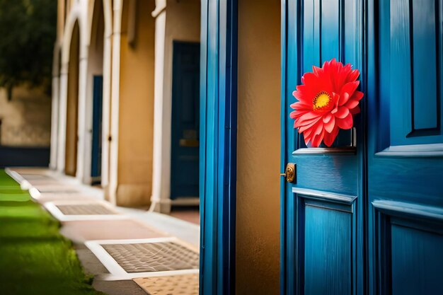 a blue door with a red flower hanging on it