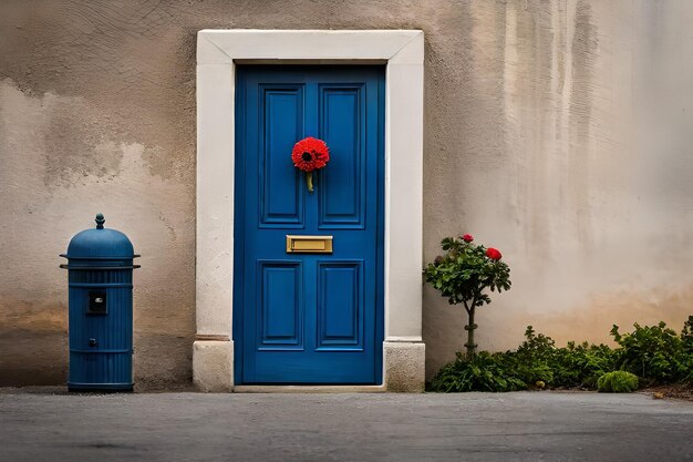 a blue door with a red flower on it