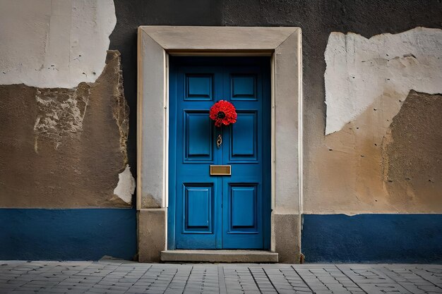 a blue door with a red flower on it