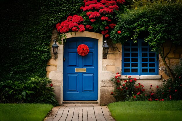 a blue door with a red flower on it