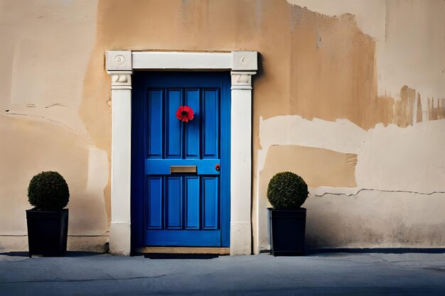 a blue door with a red flower on it