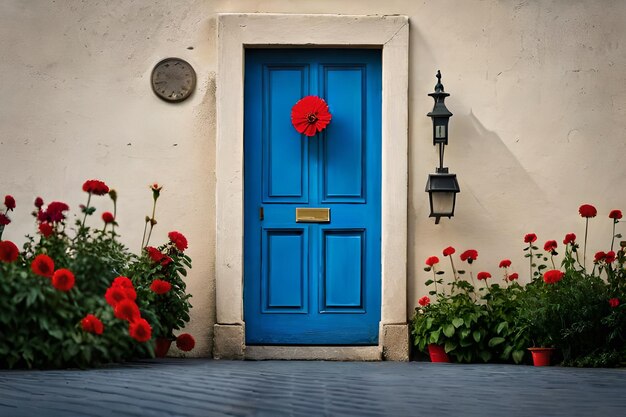 a blue door with a red flower on it