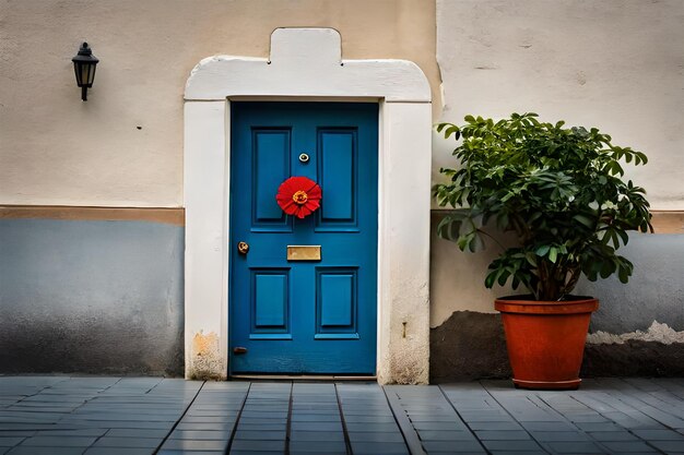 a blue door with a red flower on it
