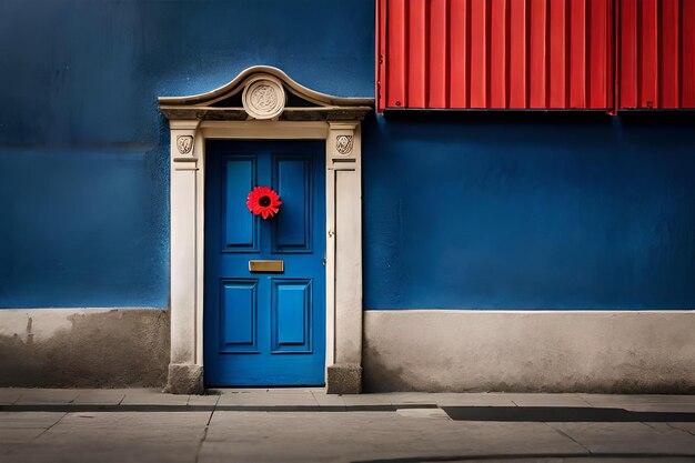 синяя дверь с красным цветком на ней
