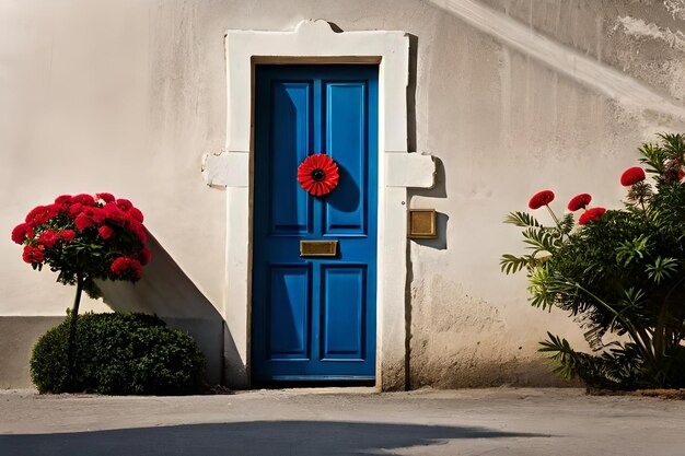 Photo a blue door with a red flower on it