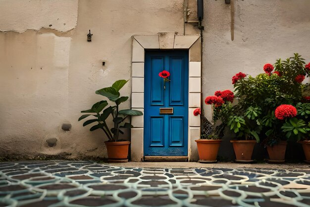 a blue door with a red flower in the middle