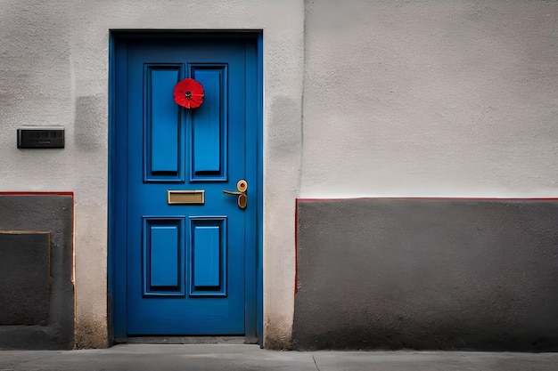 a blue door with a red poppy on it is on a blue door.