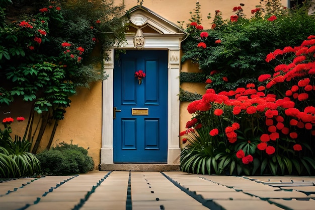 a blue door with a red rose in the corner.