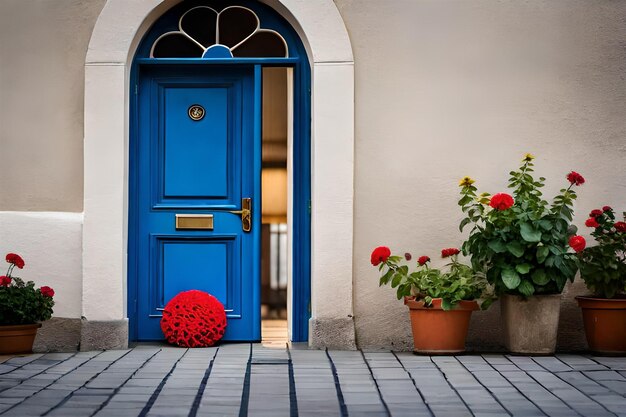 a blue door with a red umbrella on the front.