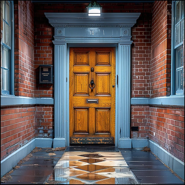 Photo a blue door with a sign that saysthe address of the building