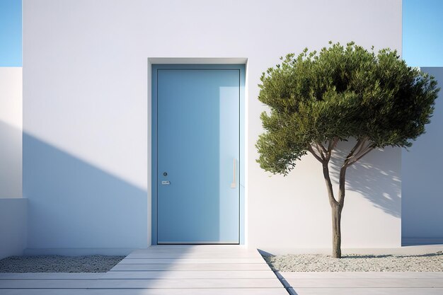 A blue door with a tree in front of it