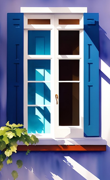 A blue door with a white frame and the word " on it "