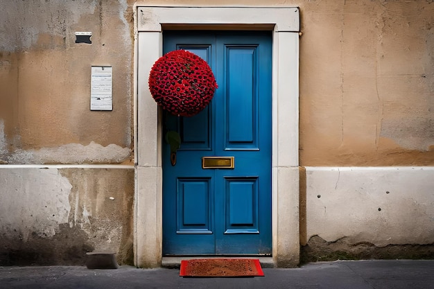 a blue door with a wreath on it that says " poinsettias ".