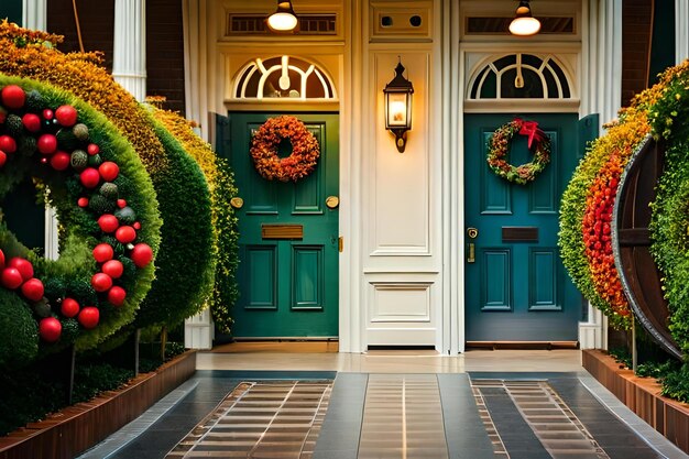 Photo a blue door with a wreath on it