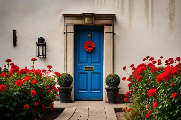 a blue door with a wreath on it