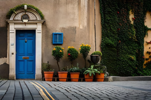 A blue door with yellow flowers and a blue door