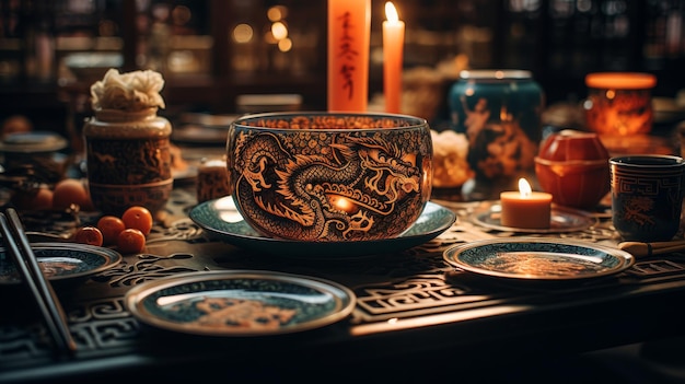 Фото Голубая драконья тарелка на столе