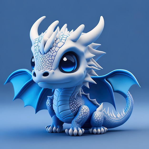 A blue dragon figurine with blue eyes and a blue dragon on its head.