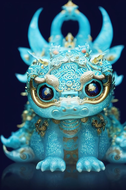 A blue dragon figurine with gold and blue eyes.