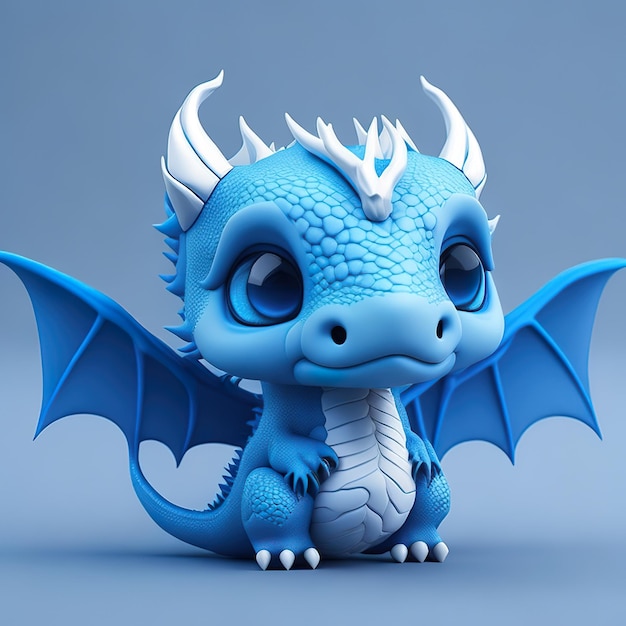 A blue dragon figurine with white horns sits on a blue background.