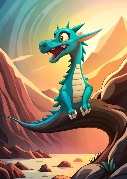 A blue dragon sits on a tree branch in a desert.