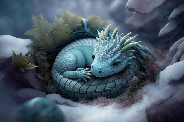 A blue dragon sleeps on a snowy surface.