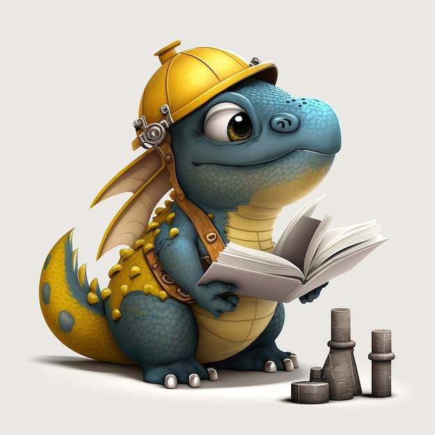 Photo a blue dragon wearing a yellow helmet and a yellow helmet reading a book.