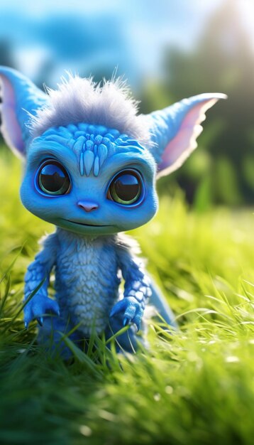 Blue dragon with big eyes sitting in the grass