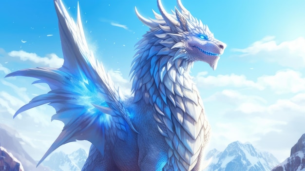 A blue dragon with blue eyes stands in the snow.