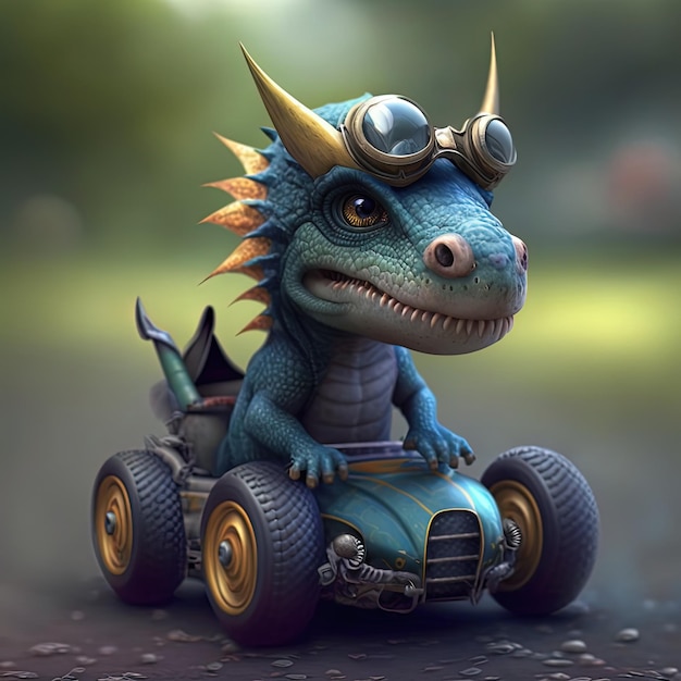 Photo a blue dragon with goggles and a helmet sits on a toy car.